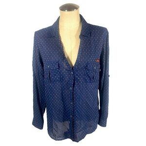 COLUMBIA PFG Auburn U Blue Polka Dot Split Neck Button Up Roll Tab Blouse Size L